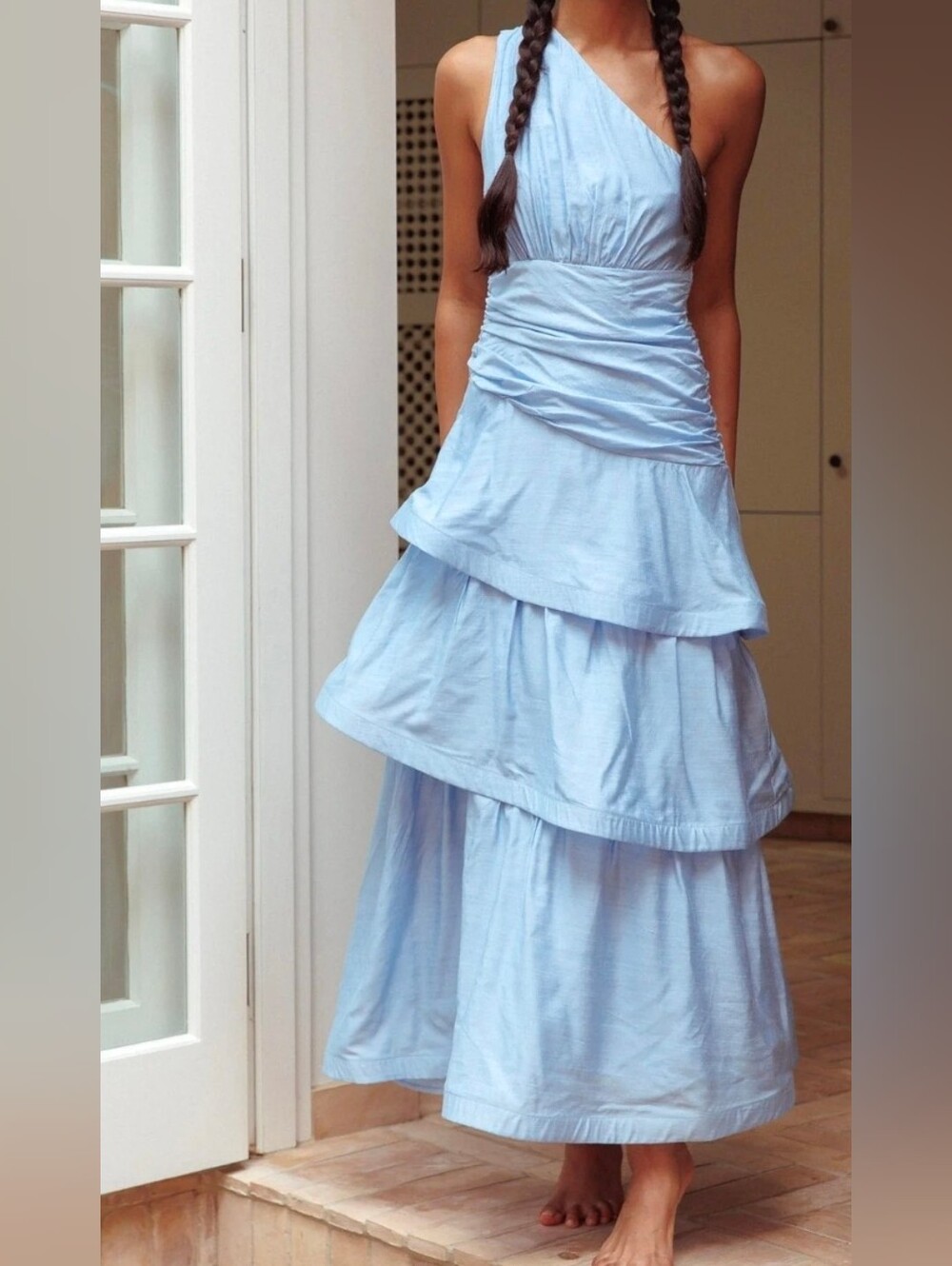 One & Only Collective - Light Blue One-Shoulder Tiered Maxi Dress - Size S